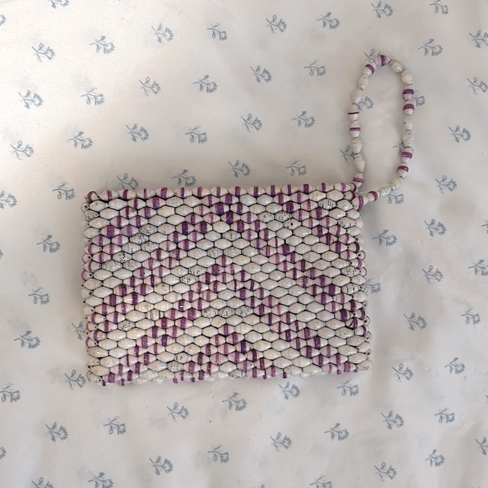 Handmade paper-beaded purple/white/black wristlet from Uganda